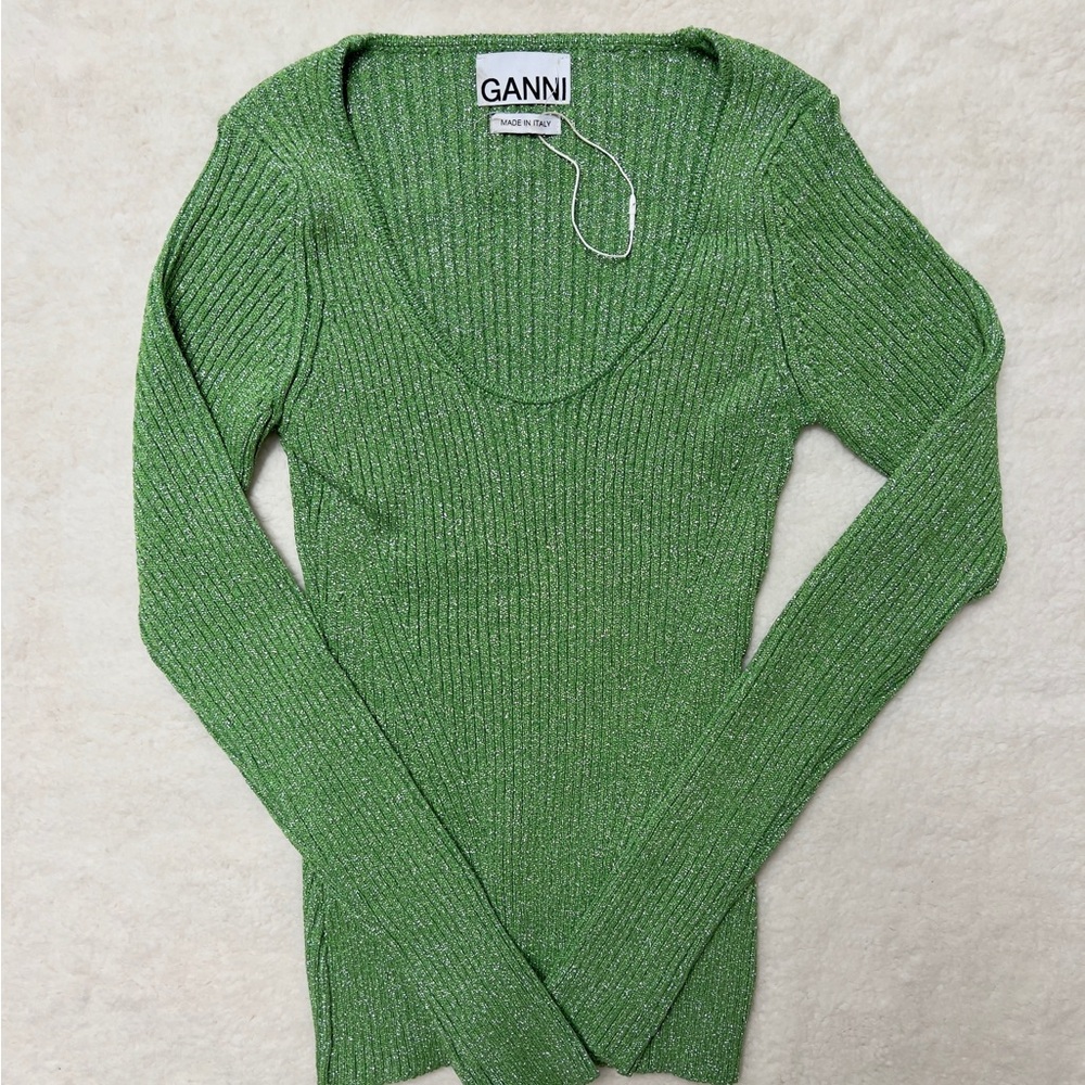 Ganni metallic Green Ribbed viscose Knit Sweater